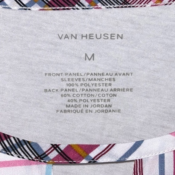 Van Heusen Blouse Short Cap Sleeve Scoop neck V-Cut out Plaid Striped Casual Top - Picture 5 of 9